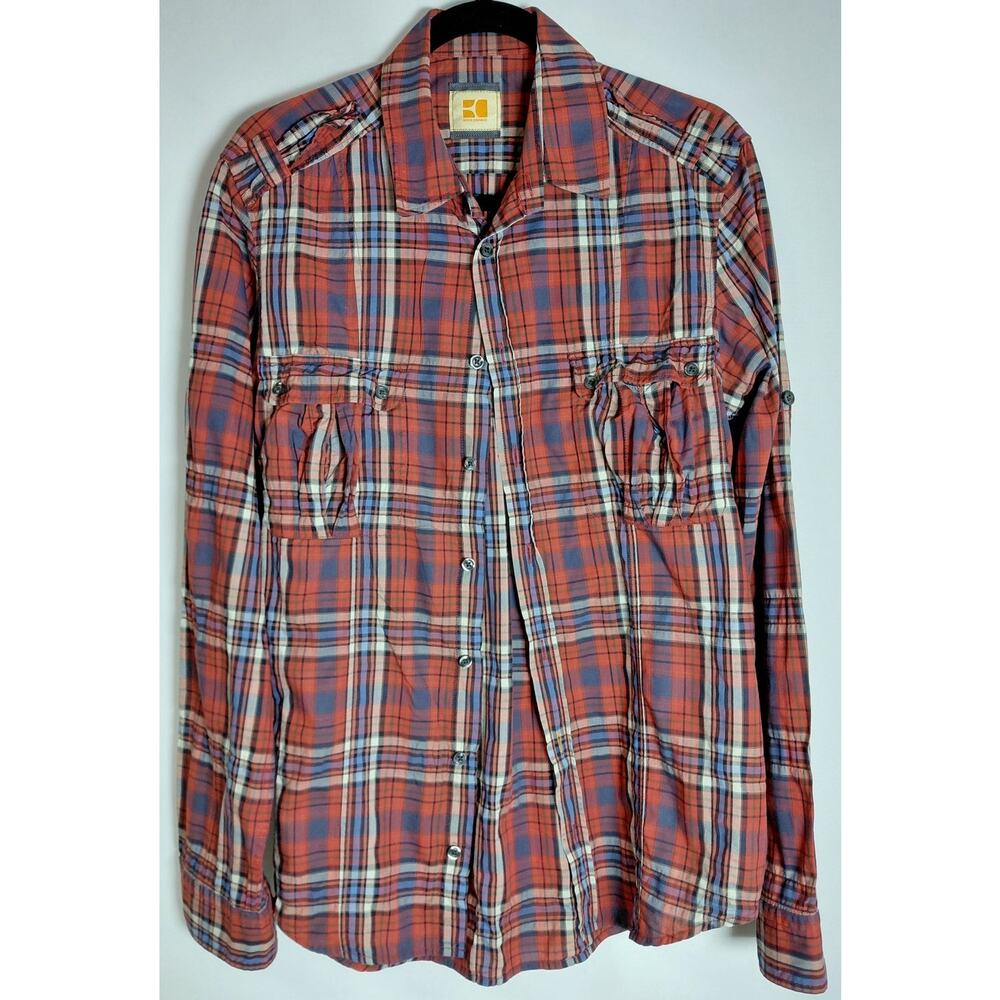 BOSS Orange Plaid Button-Up Shirt Red Woven Long Sleeve Men Size M